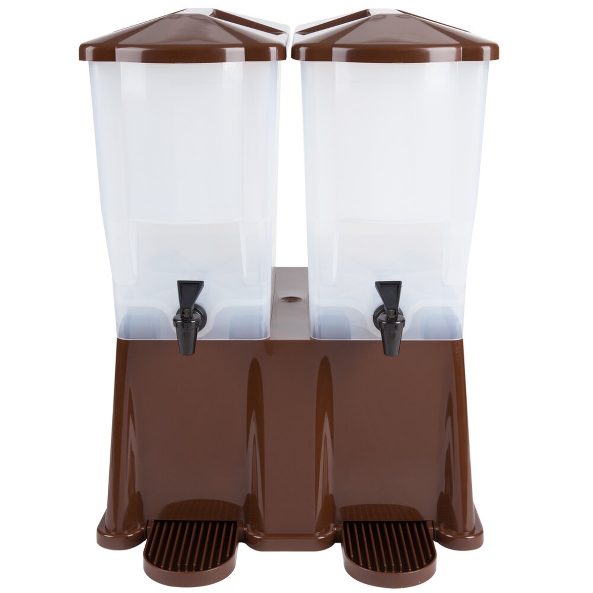 TableCraft TW54DP double slimline beverage dispenser with brown base and two translucent 3-gallon reservoirs