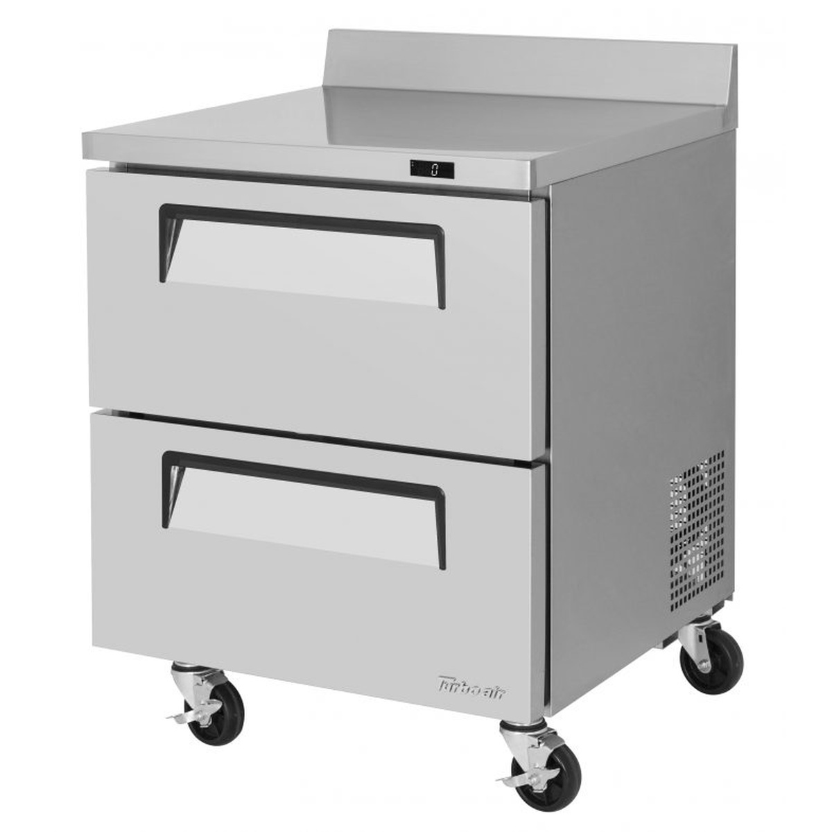 Turbo Air TWF-28SD-D2-N two-drawer worktop freezer with backsplash and swivel casters, full unit view