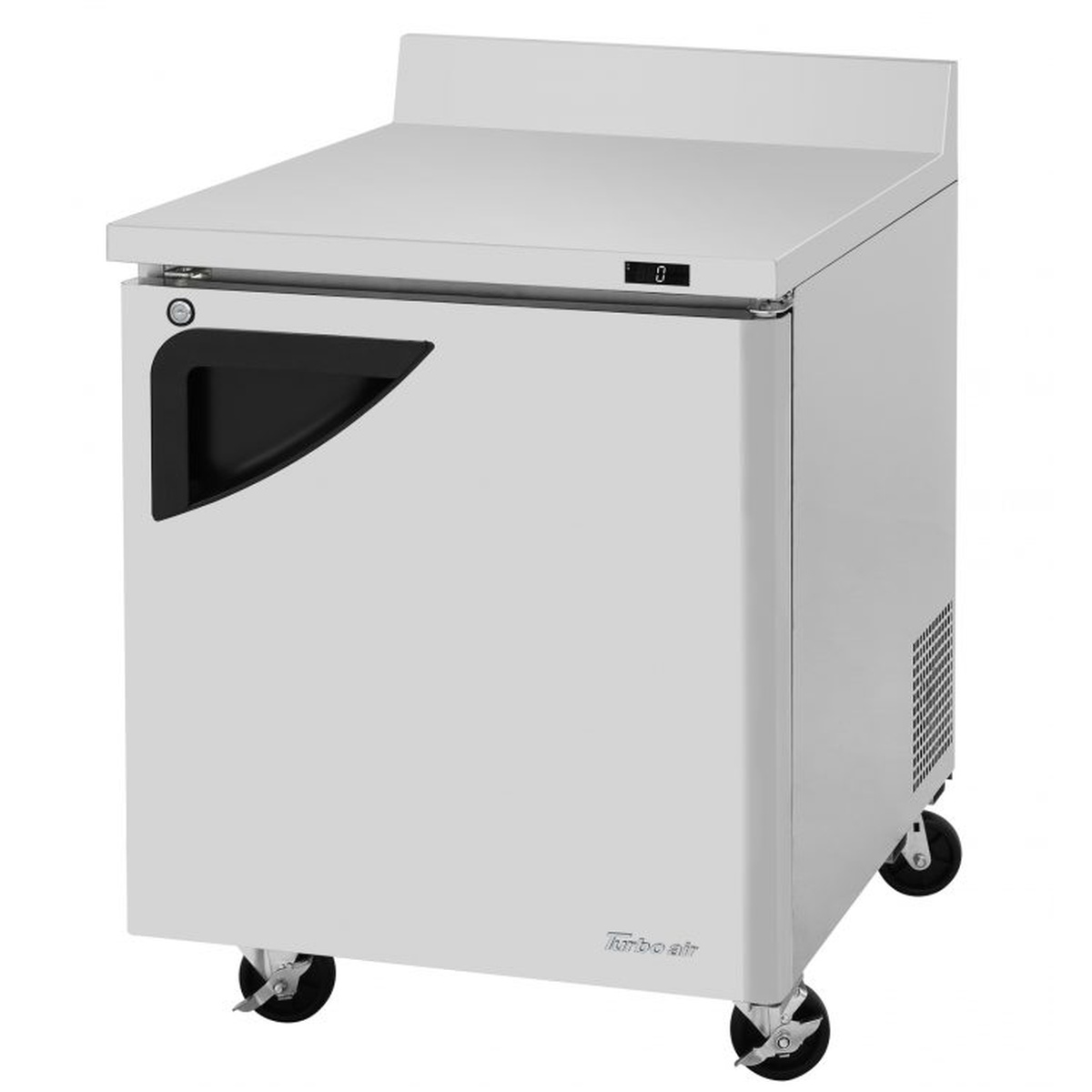 Turbo Air TWF-28SD-N stainless steel worktop freezer with single door, digital display, and swivel casters on white background