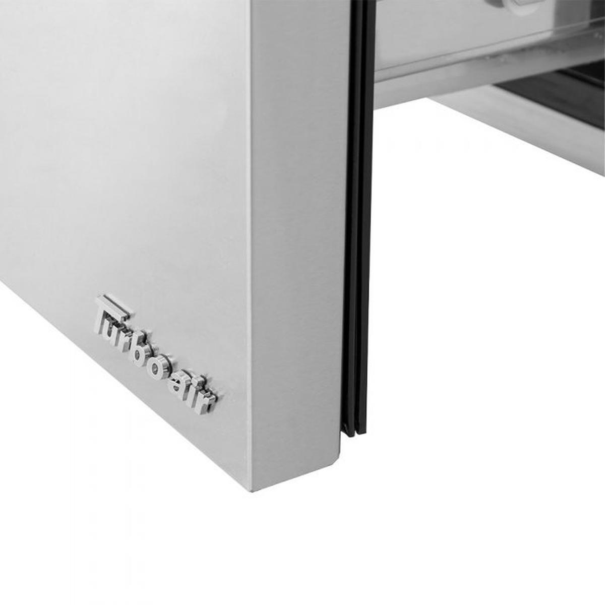 Close-up of Turbo Air logo badge on stainless steel cabinet