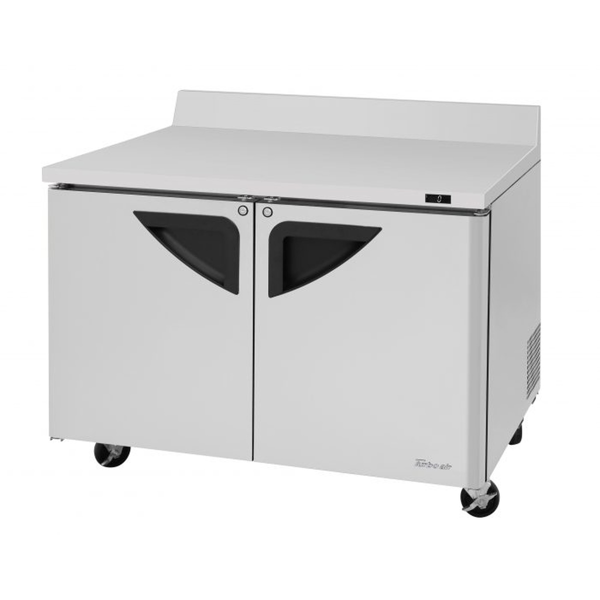 Turbo Air TWF-48SD-N two-section worktop freezer with stainless steel exterior, dual solid doors, recessed handles, backsplash, and swivel casters