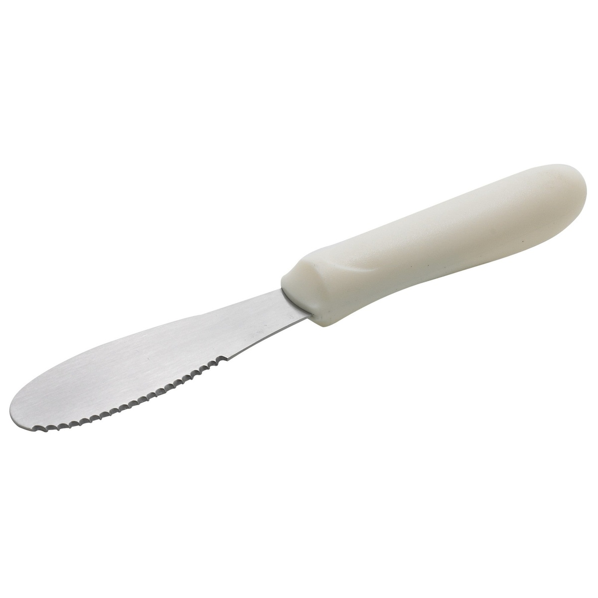 Winco TWP-31 sandwich spreader with white polypropylene handle and satin-finish stainless steel serrated blade on white background