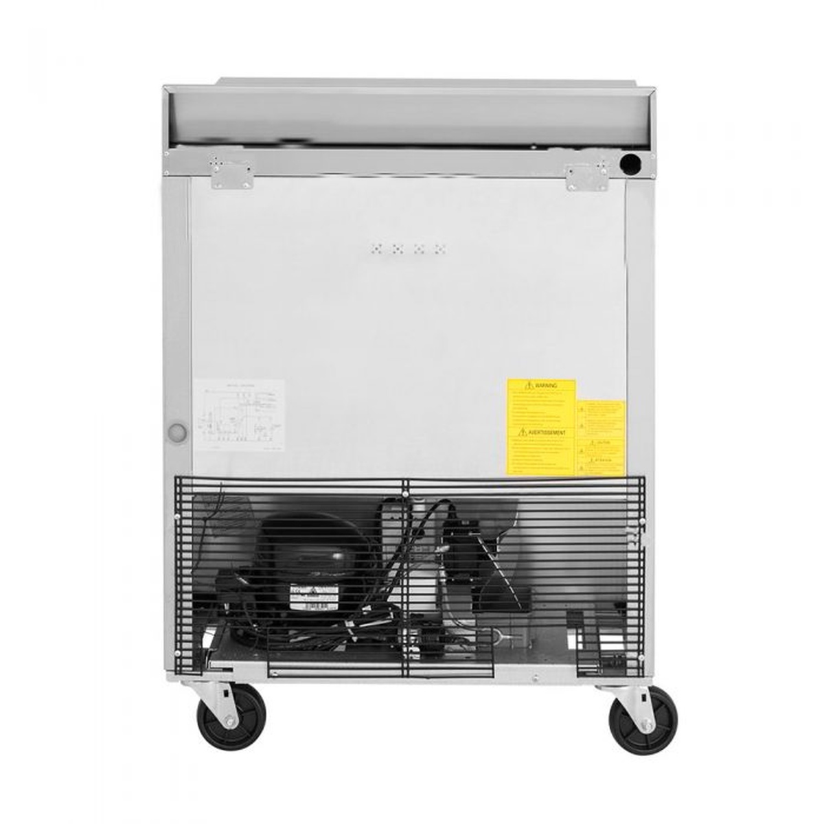 Rear view of Turbo Air worktop refrigerator showing self-contained refrigeration system