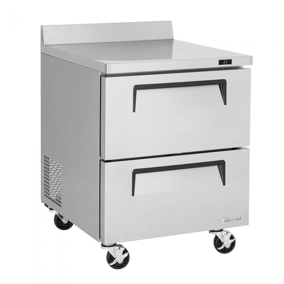 Angled view of Turbo Air two-drawer worktop refrigerator showing recessed drawer handles