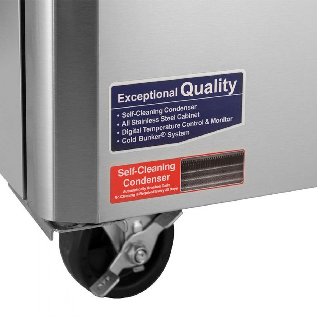 Caster and self-cleaning condenser label on Turbo Air TWR-28SD-N worktop refrigerator