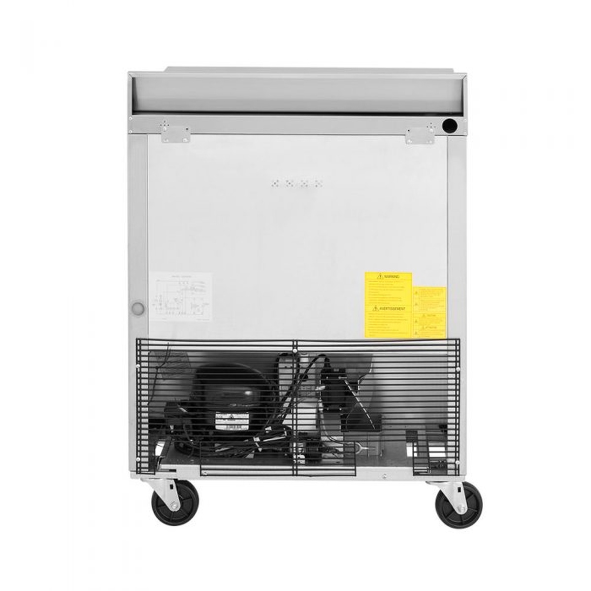 Rear view of Turbo Air worktop refrigerator showing condenser area and power components