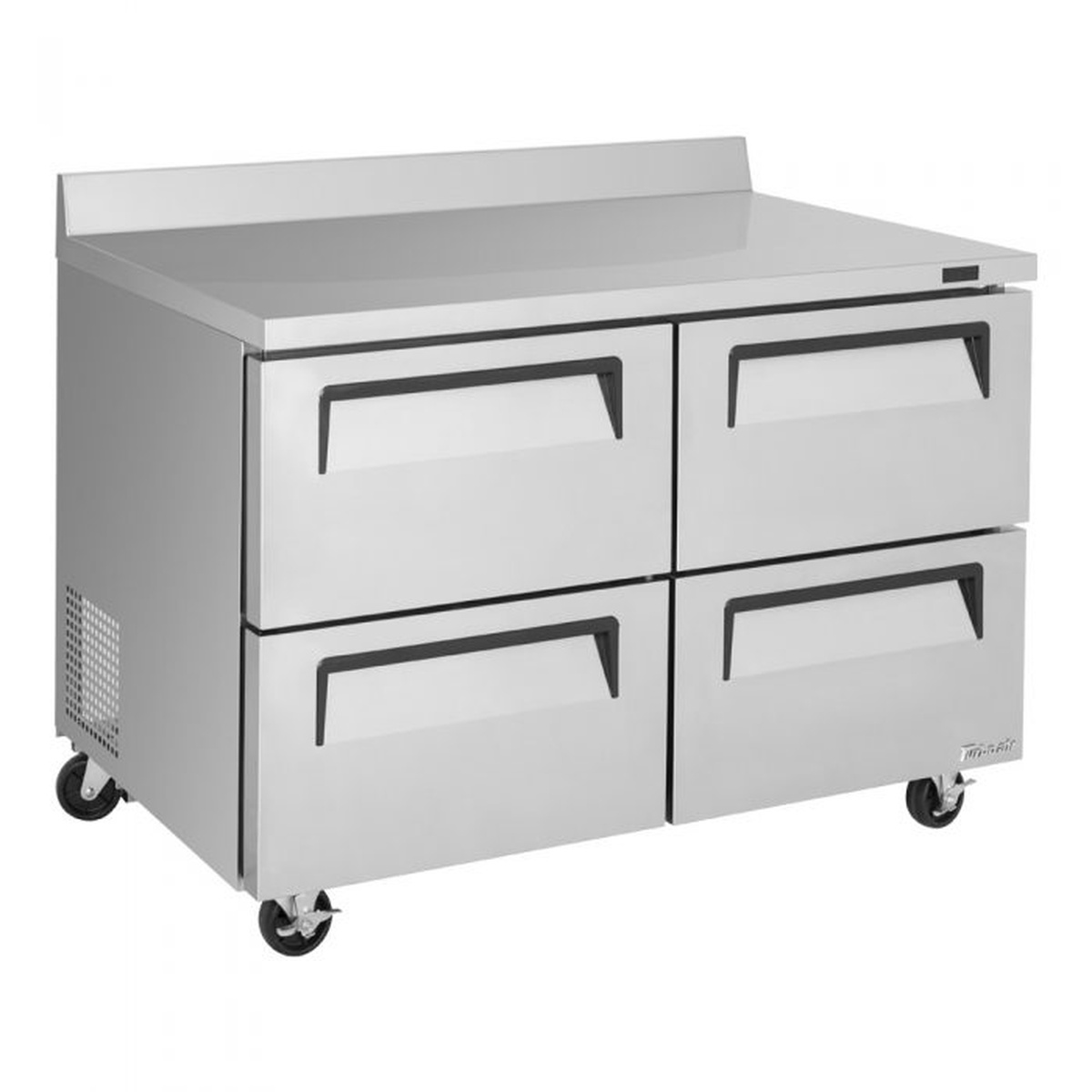 Angled view of Turbo Air TWR-48SD-D4-N showing drawer layout and worktop