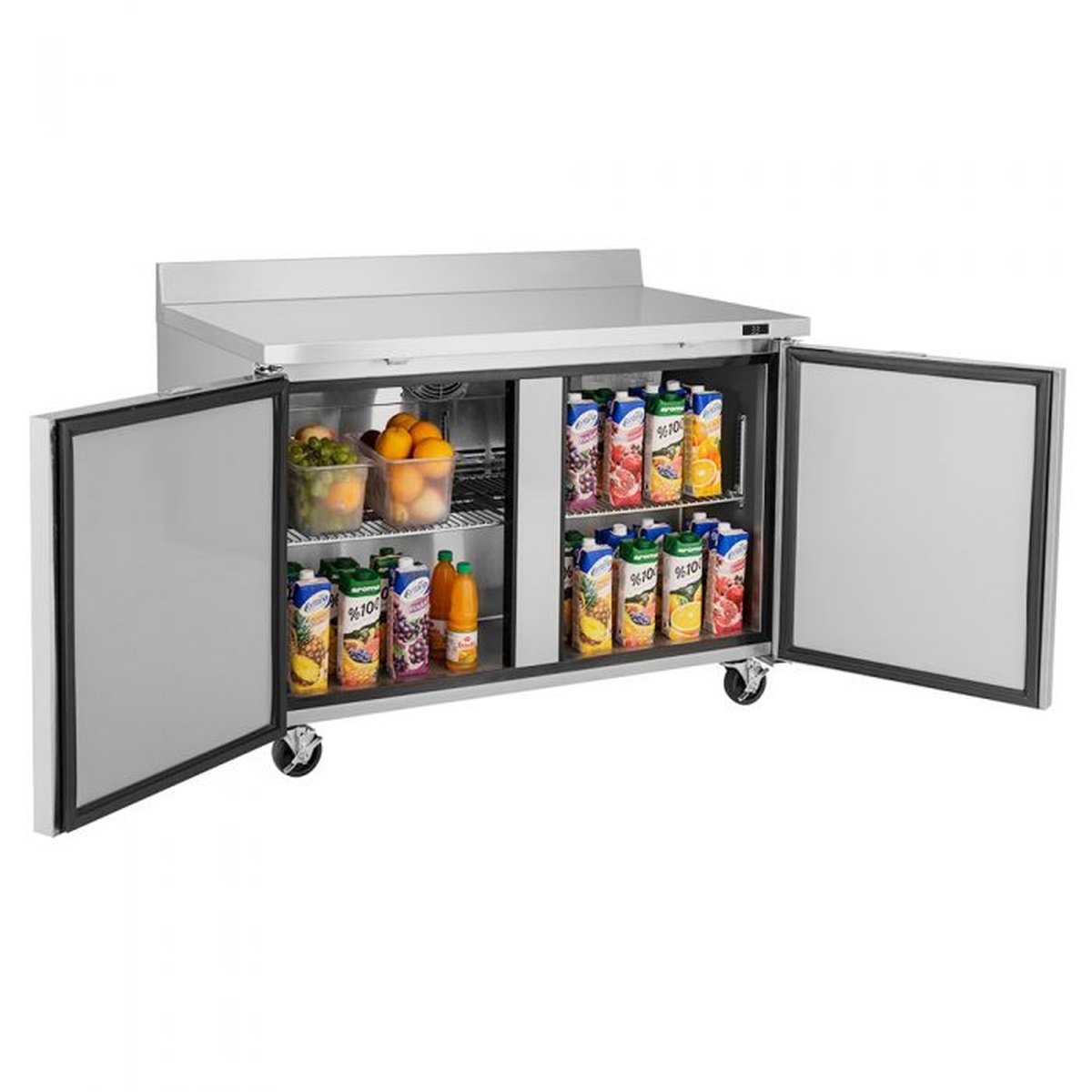 Turbo Air TWR-48SD-N worktop refrigerator with both doors open showing interior shelves