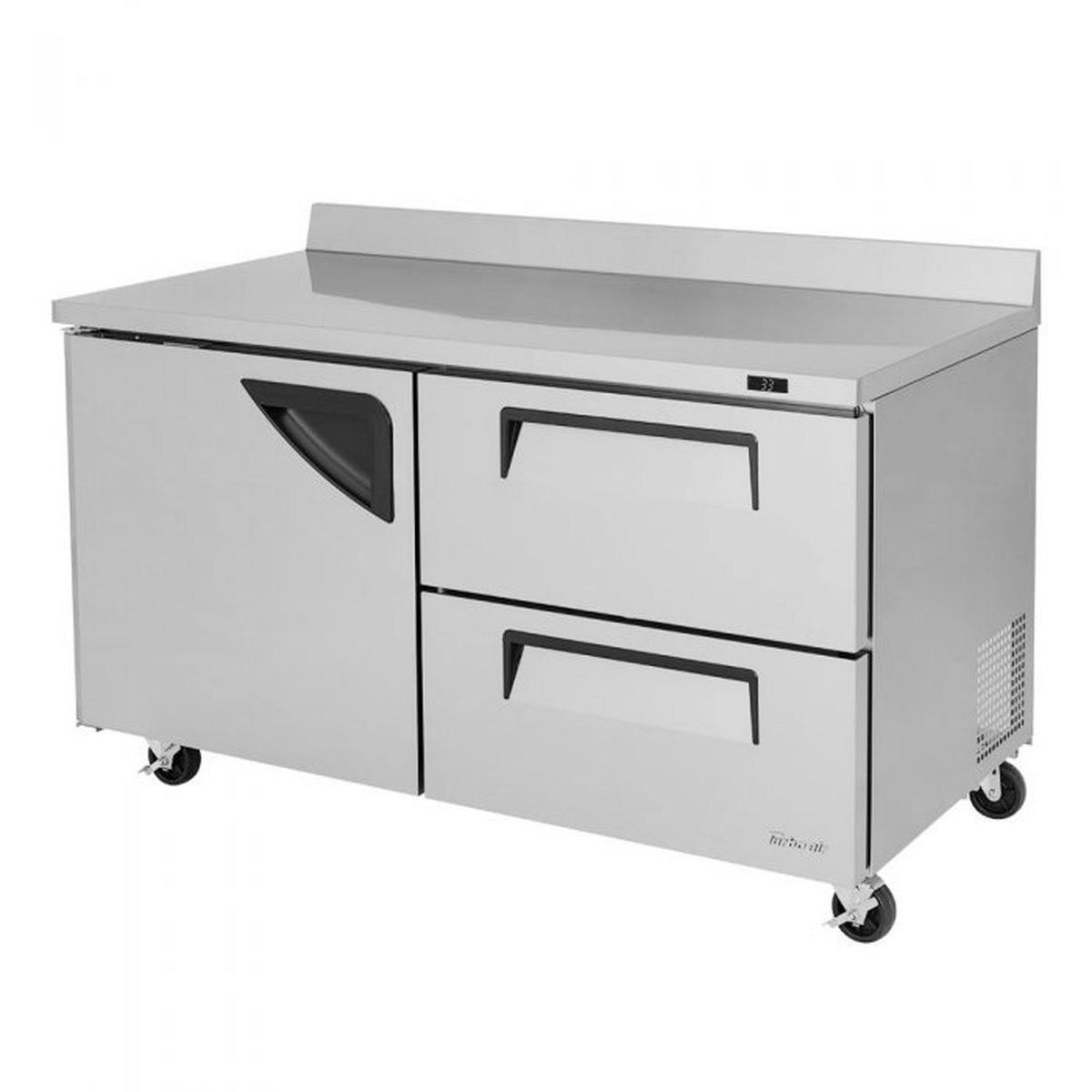 Angled view of Turbo Air worktop refrigerator showing recessed handles and casters