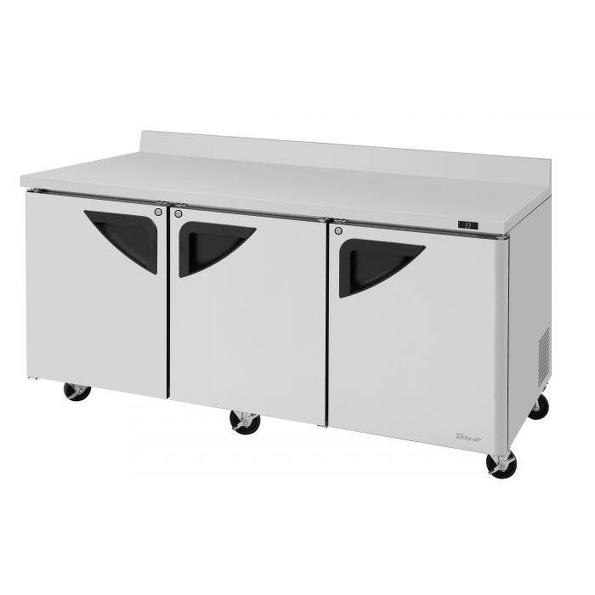 Turbo Air TWR-72SD-N three-door stainless steel worktop refrigerator with backsplash and casters, front view
