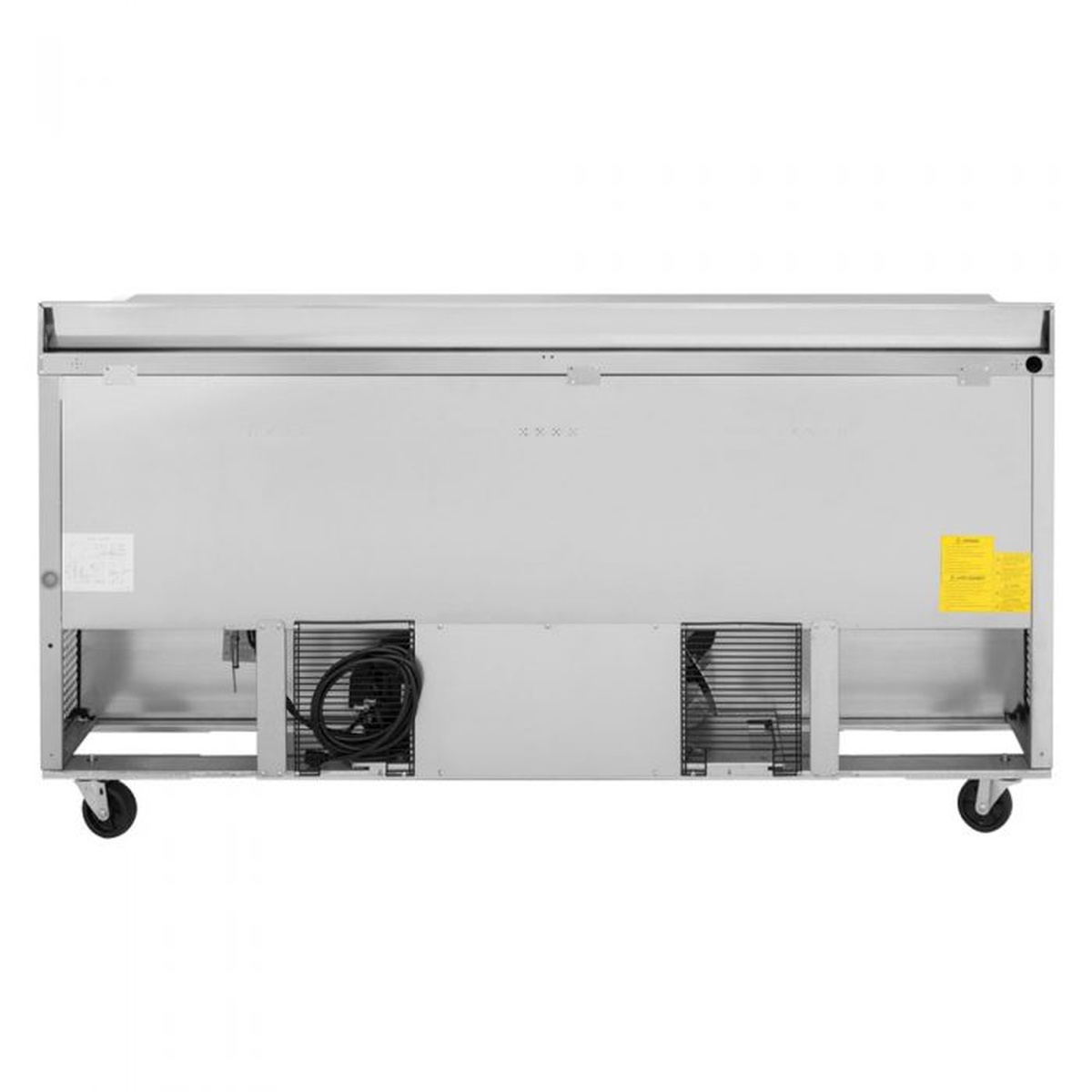 Rear view of Turbo Air TWR-72SD-N worktop refrigerator showing self-contained rear-mounted refrigeration fans and components