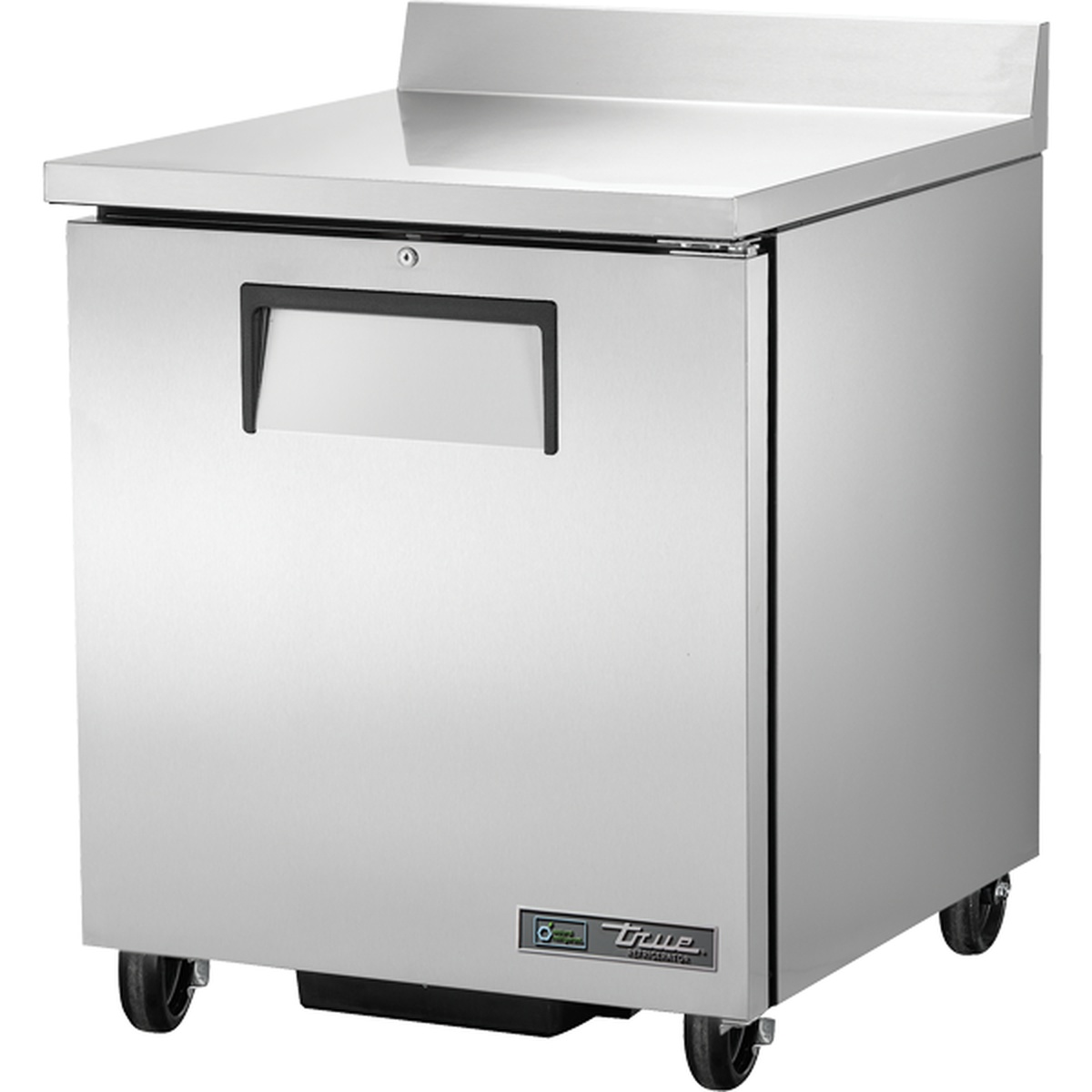 True TWT-27-HC one-section worktop refrigerator with stainless steel door, rear backsplash, and 5-inch castors