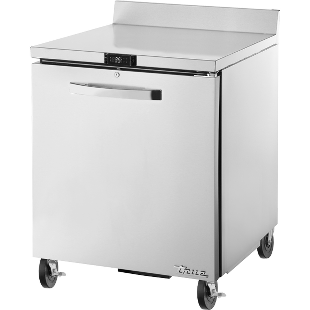 True TWT-27-HC~SPEC3 stainless steel worktop refrigerator with digital temperature display, door lock, metal handle, and 5-inch stem casters