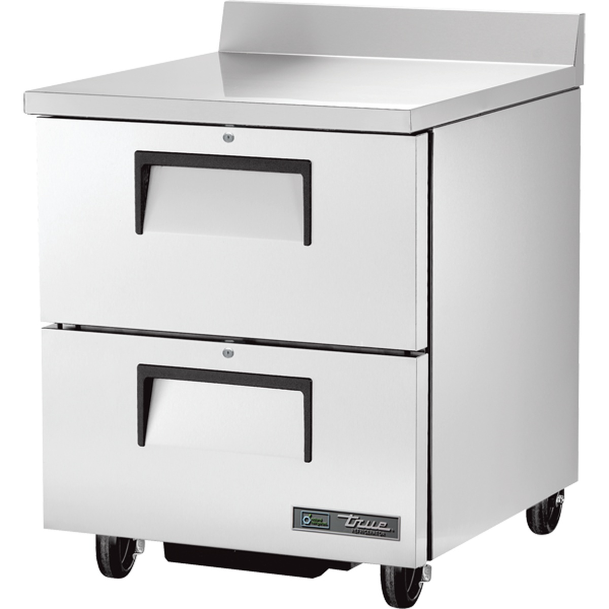 True TWT-27D-2-HC two-drawer stainless steel worktop refrigerator with rear splash and caster wheels