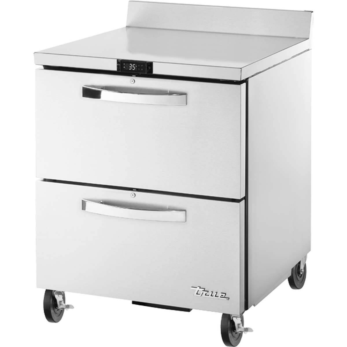 True TWT-27D-2-HC~SPEC3 stainless steel two-drawer worktop refrigerator with digital temperature display and caster wheels