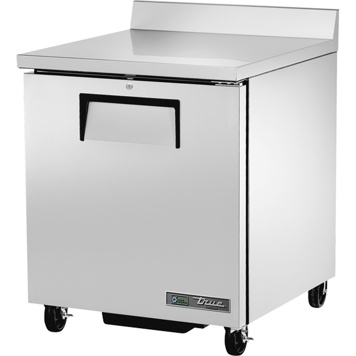 True TWT-27F-HC stainless steel one-door worktop freezer with backsplash on casters