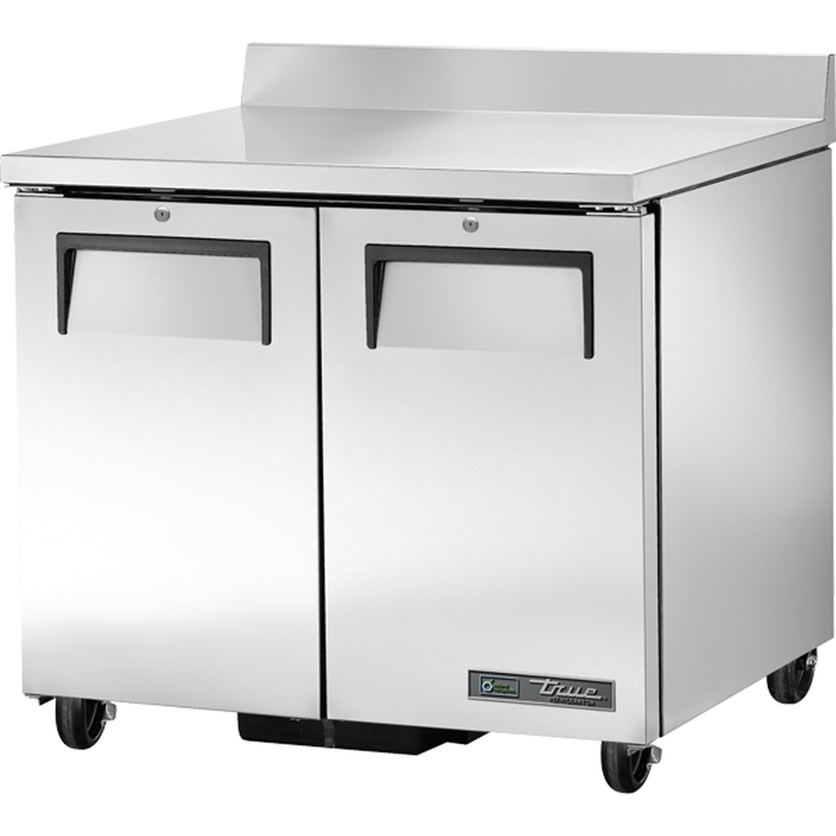 True TWT-36-HC two-section worktop refrigerator with stainless steel doors and backsplash on casters