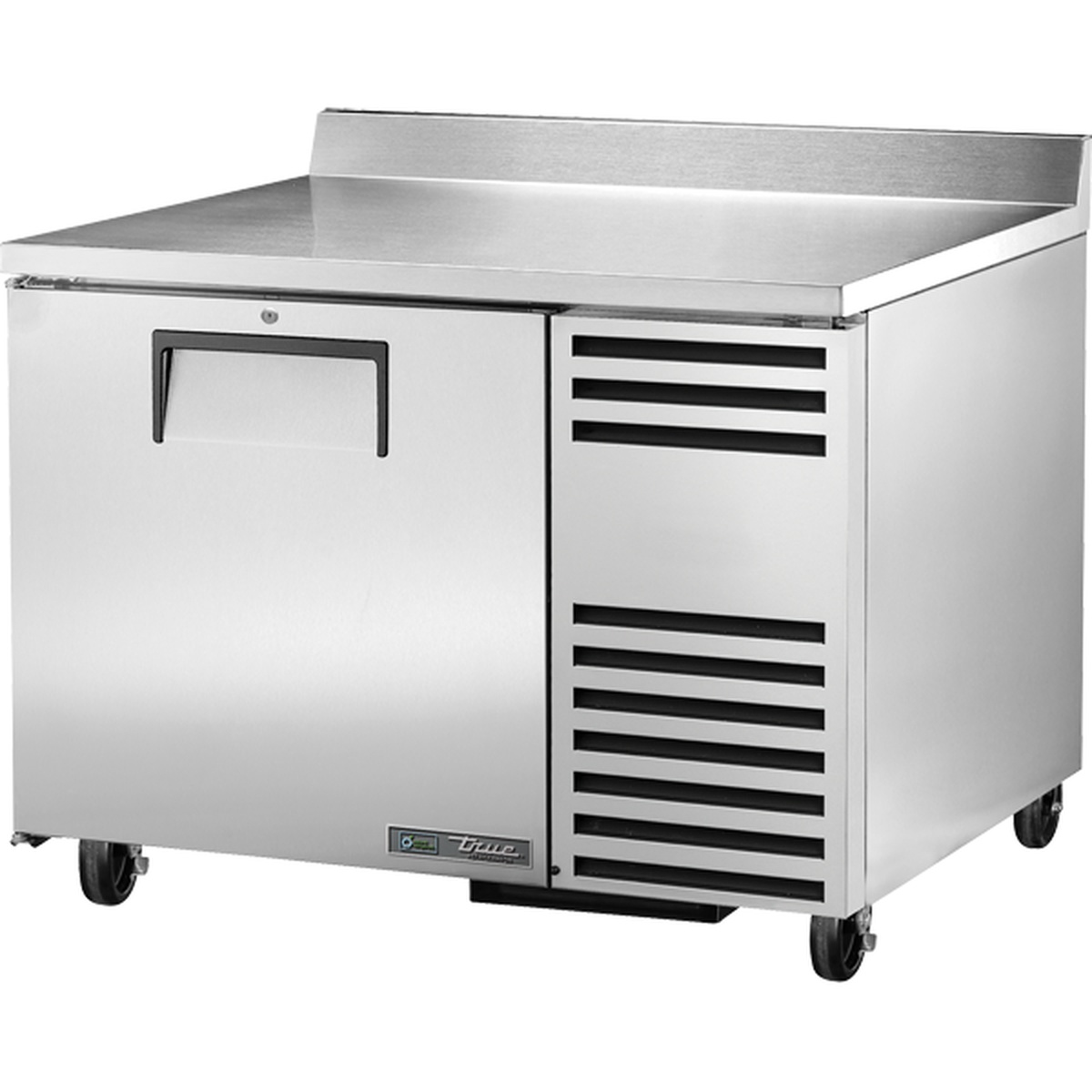 True TWT-44-HC stainless steel worktop refrigerator with single solid swing door, side-mount compressor vents, stainless backsplash, and heavy-duty casters