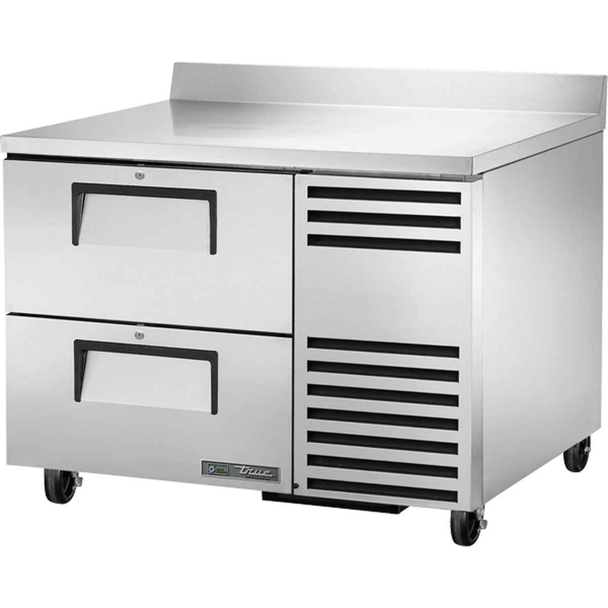 True TWT-44D-2-HC stainless steel two-drawer worktop refrigerator with backsplash and casters