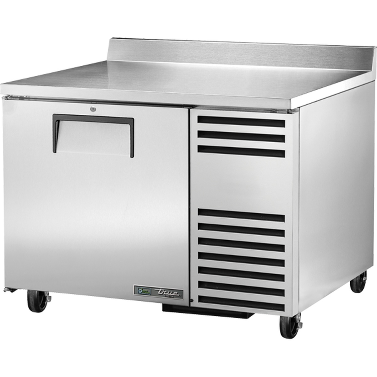 True TWT-44F-HC stainless steel one-section worktop freezer with backsplash and casters