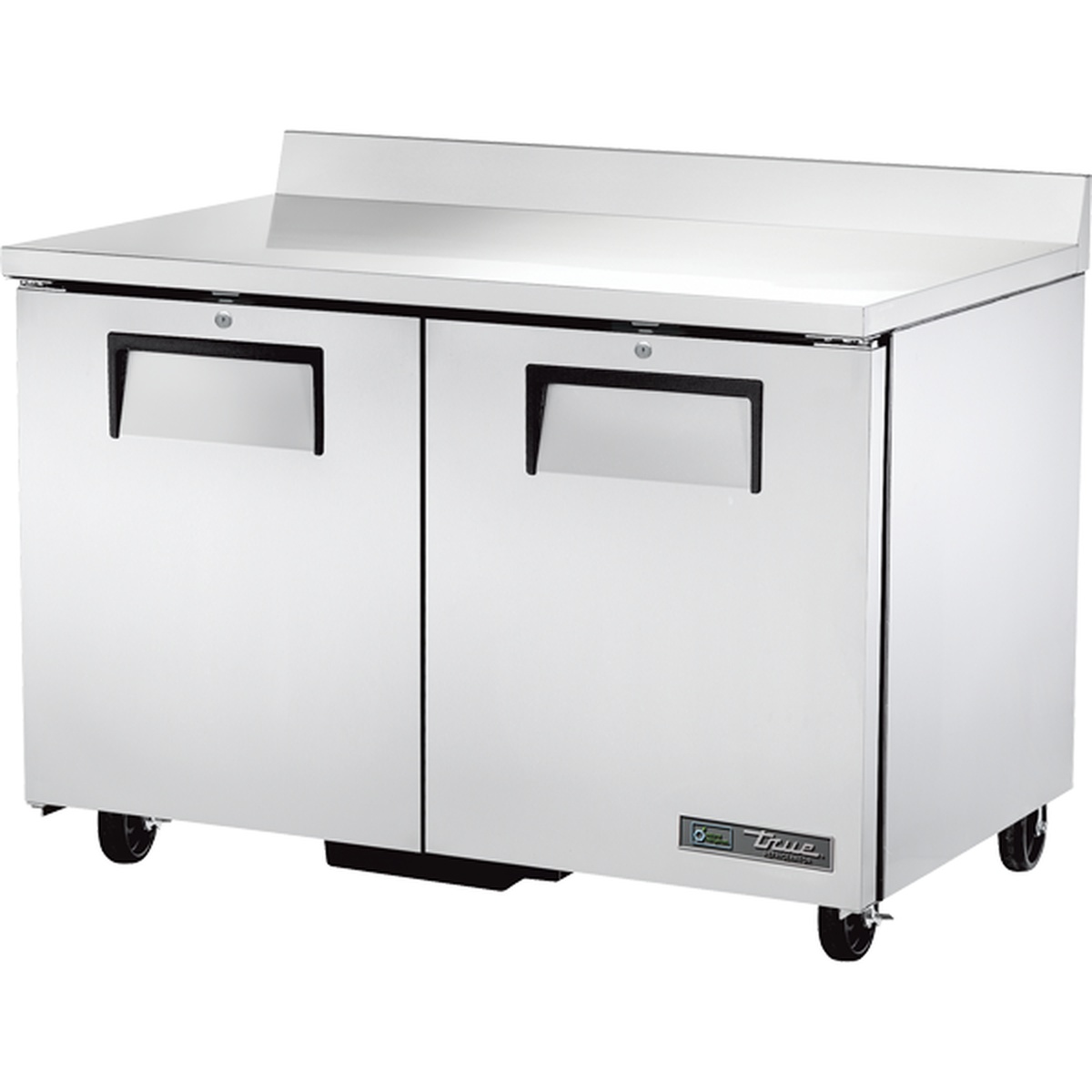 True TWT-48-HC two-door stainless steel worktop refrigerator on casters with rear splash guard