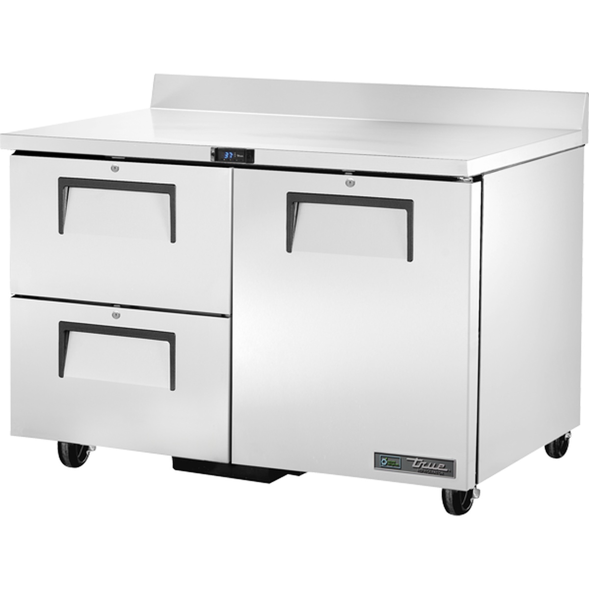 True TWT-48D-2-HC 48-inch worktop refrigerator with two drawers on the left and one solid door on the right, stainless steel exterior, mounted on casters