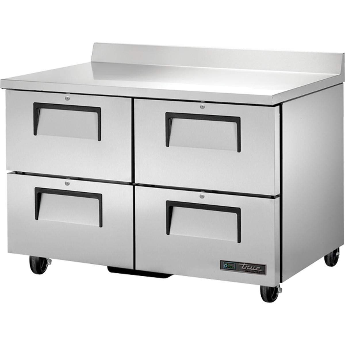 True TWT-48D-4-HC 48-inch four-drawer stainless steel worktop refrigerator with backsplash and casters
