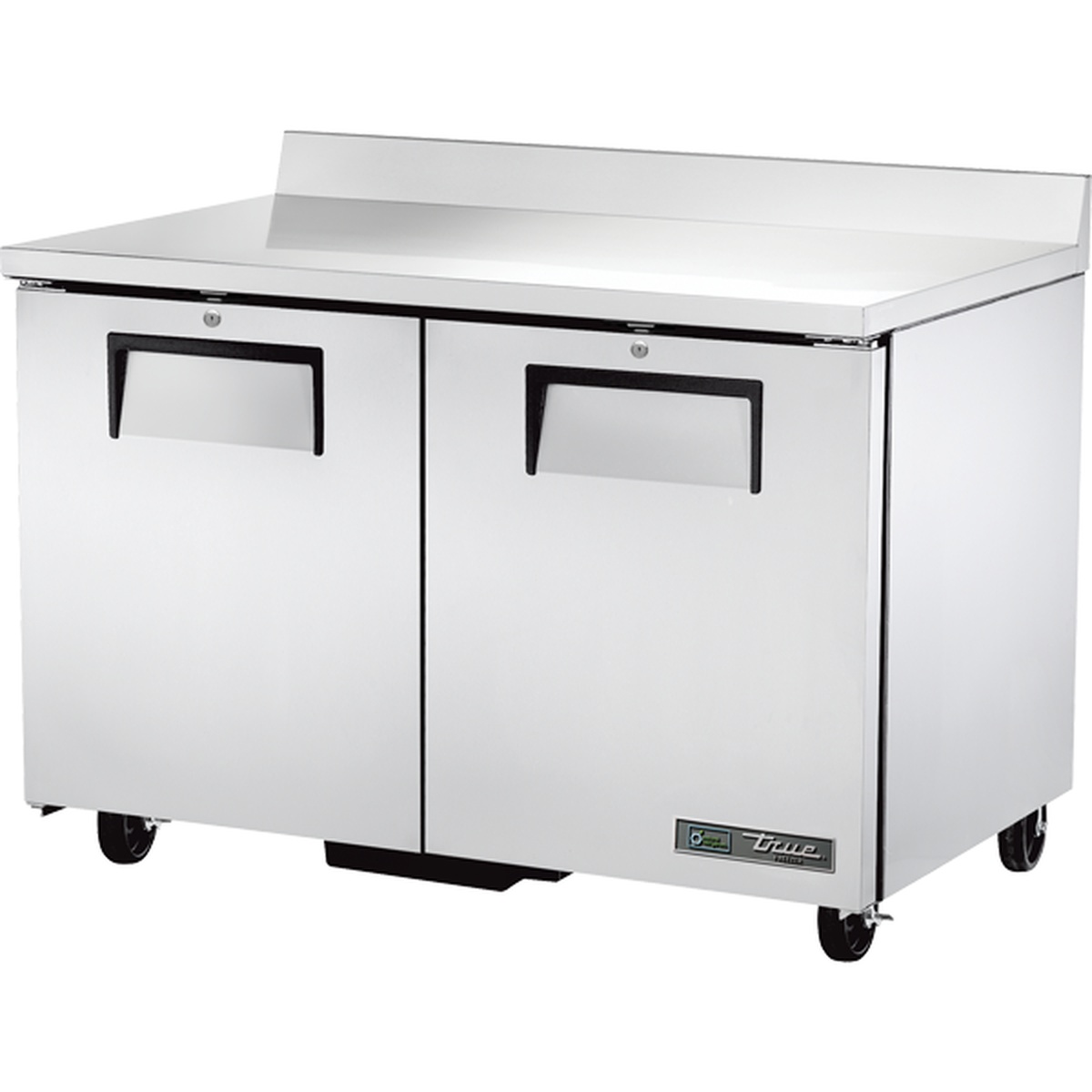 True Manufacturing TWT-48F-HC 48-inch two-door stainless steel worktop freezer with rear backsplash and casters