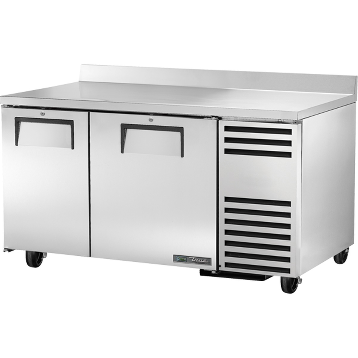True TWT-60-32-HC two-door stainless steel worktop refrigerator with side-mounted compressor and casters
