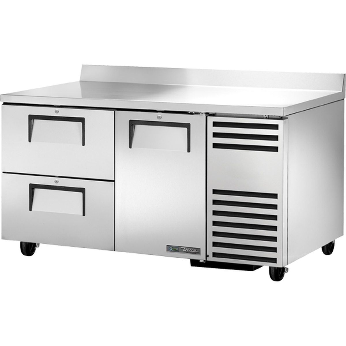 True TWT-60-32D-2-HC 60-inch stainless steel worktop refrigerator with two drawers, one door section, backsplash, and front-locking castors