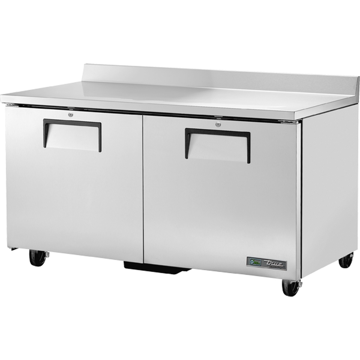 True TWT-60-HC two-door stainless steel worktop refrigerator with built-in backsplash and casters