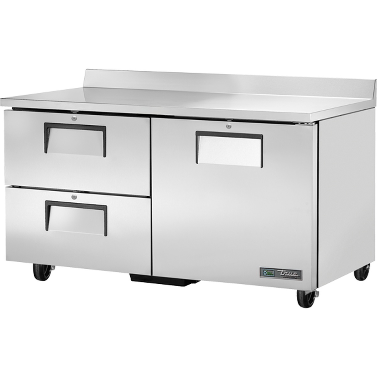 True TWT-60D-2-HC 60-inch stainless steel worktop refrigerator with two drawers on the left and one solid door on the right, shown on casters with backsplash