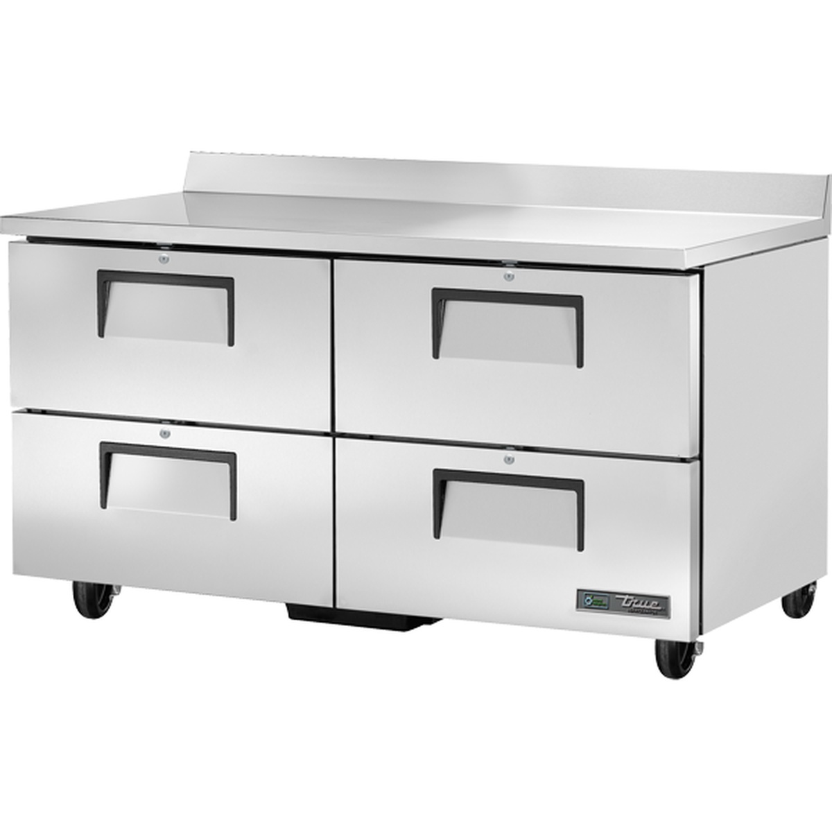 True TWT-60D-4-HC 60-inch stainless steel worktop refrigerator with four drawers and rear backsplash on casters