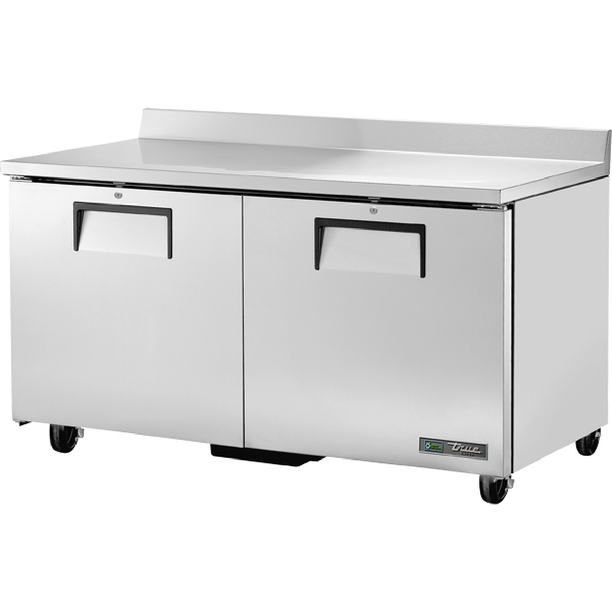 True TWT-60F-HC two-door stainless steel worktop freezer with integrated backsplash and caster wheels