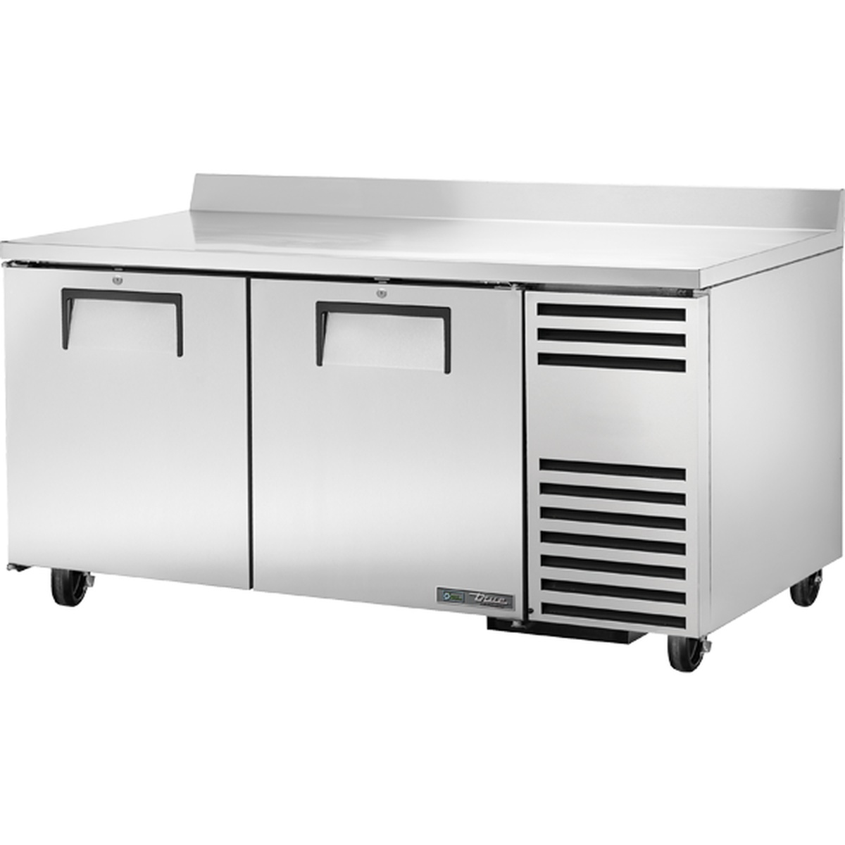 True TWT-67-HC two-section stainless steel worktop refrigerator with two solid doors, backsplash, side-mounted compressor grille, and lockable stem castors
