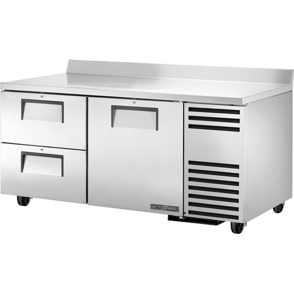 True TWT-67D-2-HC two-section deep work top refrigerator with two drawers, one door, stainless steel exterior, and side-mounted condenser