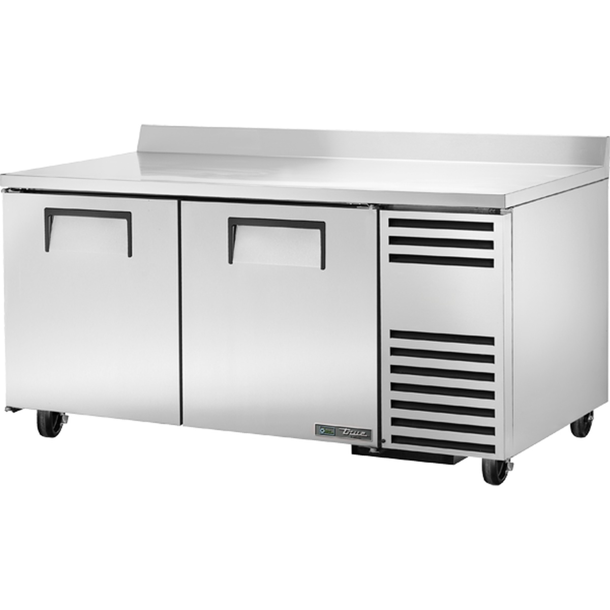 True TWT-67F-HC 67-inch two-door stainless steel worktop freezer with backsplash and caster wheels, side compressor vent visible