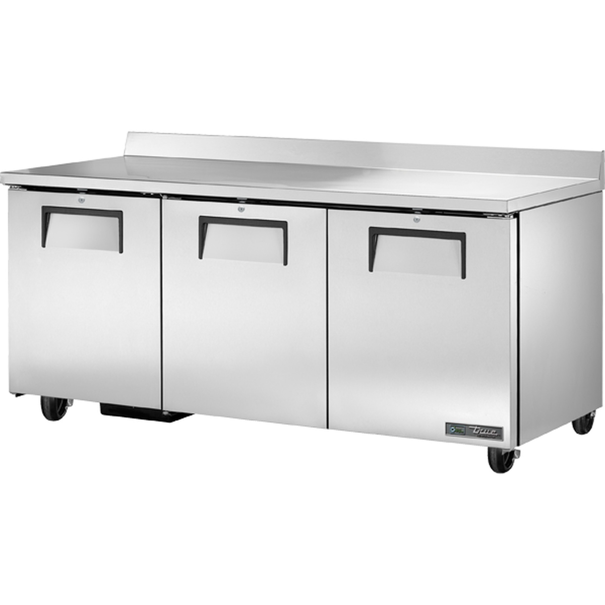 True Manufacturing TWT-72-HC three-section stainless steel worktop refrigerator with three solid doors and rear backsplash