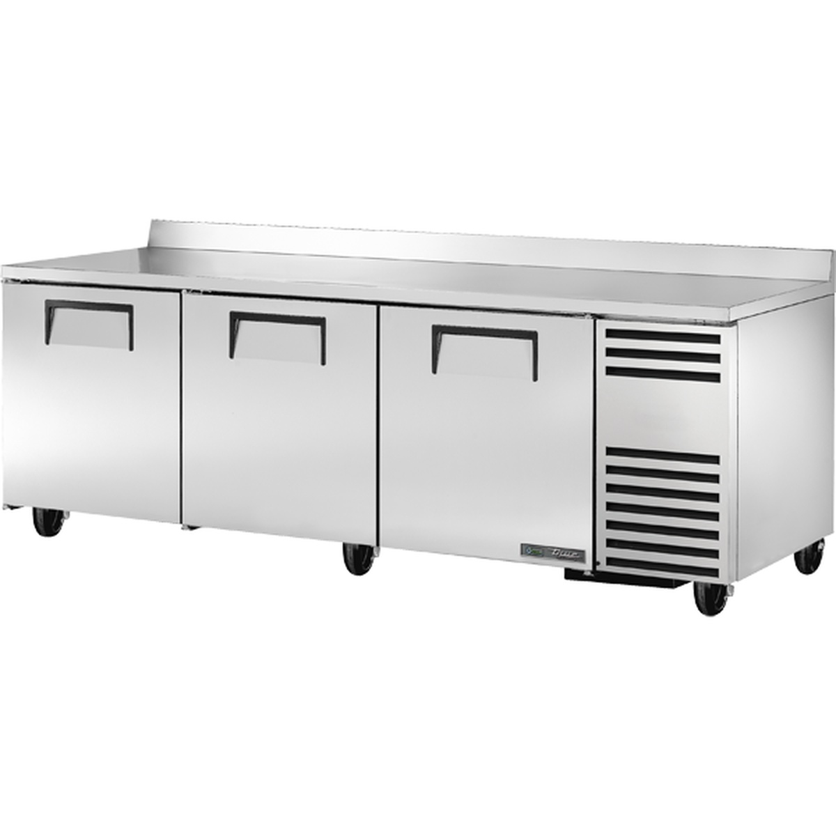 True TWT-93-HC three-section stainless steel worktop refrigerator with three solid doors, rear backsplash, and side-mounted refrigeration unit on castors