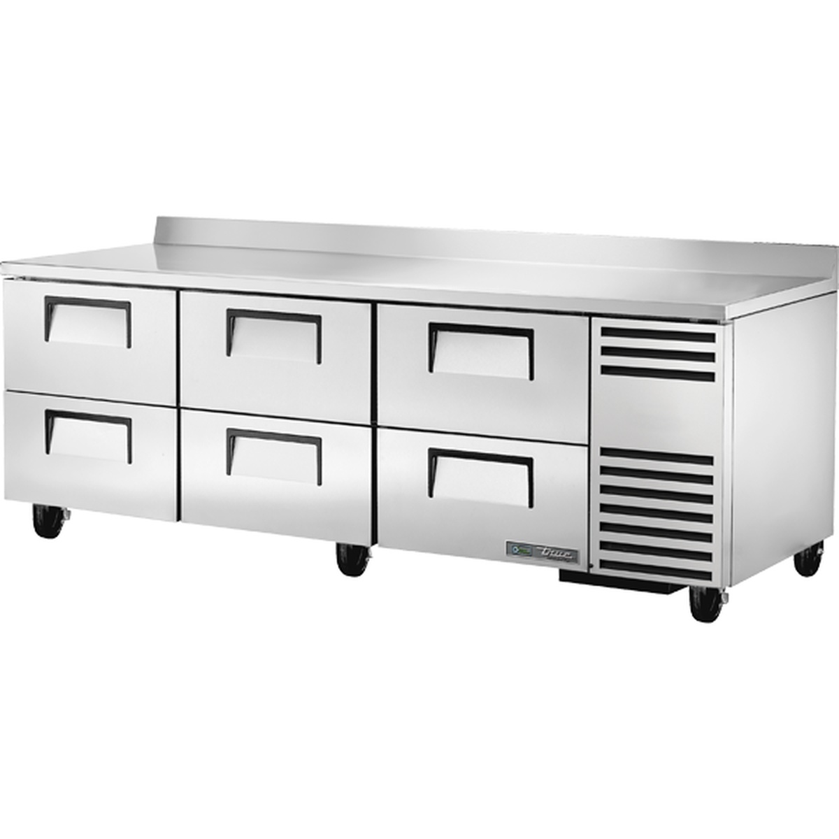 True TWT-93D-6-HC three-section six-drawer stainless steel worktop refrigerator with rear backsplash and side-mounted condenser