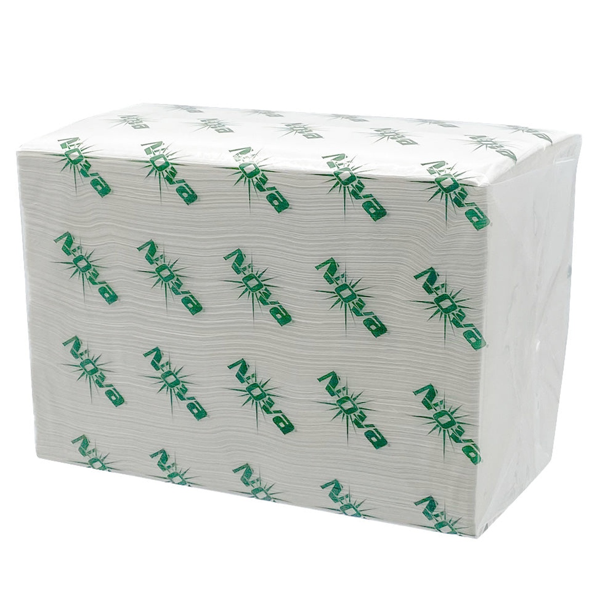 Stack of white Nova TallFold dispenser napkins wrapped in plastic with Nova branding