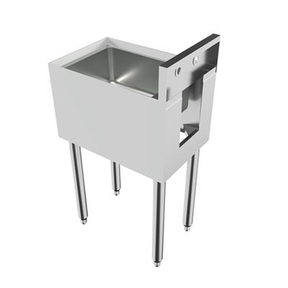 BK Resources UB4-18-1014HS underbar dump sink side view showing adjustable stainless steel legs and bullet feet