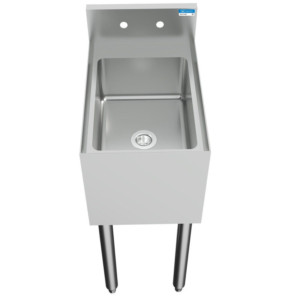 BK Resources UB4-18-1014HS overhead view of the stainless steel bowl and drain opening