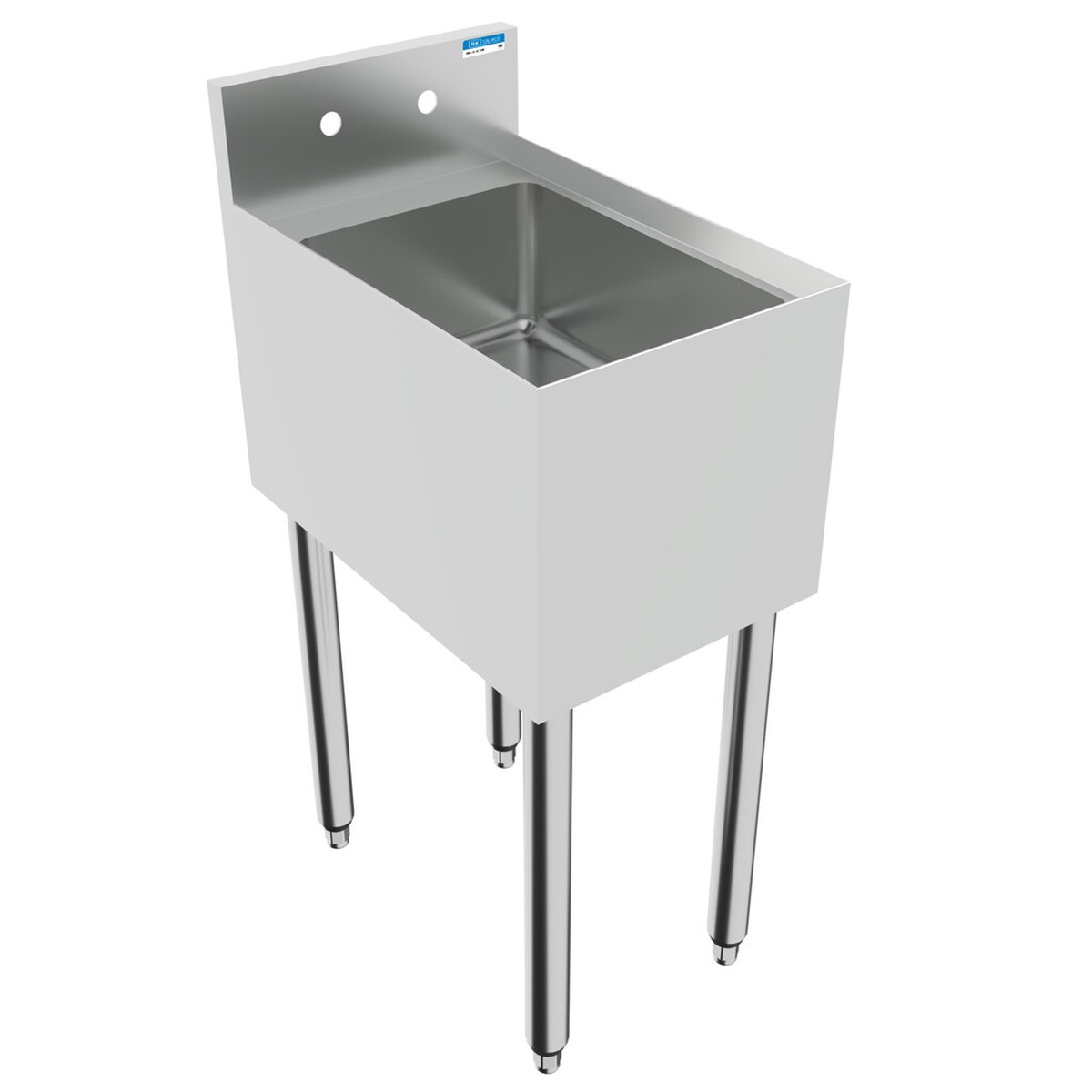 BK Resources UB4-18-1014HS underbar dump sink angled front view showing stainless steel body and legs