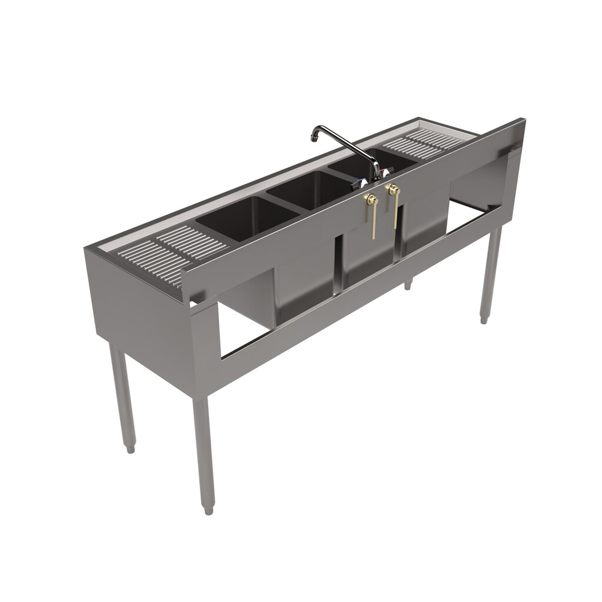 BK Resources UB4-18-360TS underbar sink rear angled view showing overflow standpipes, stainless legs, and adjustable bracing