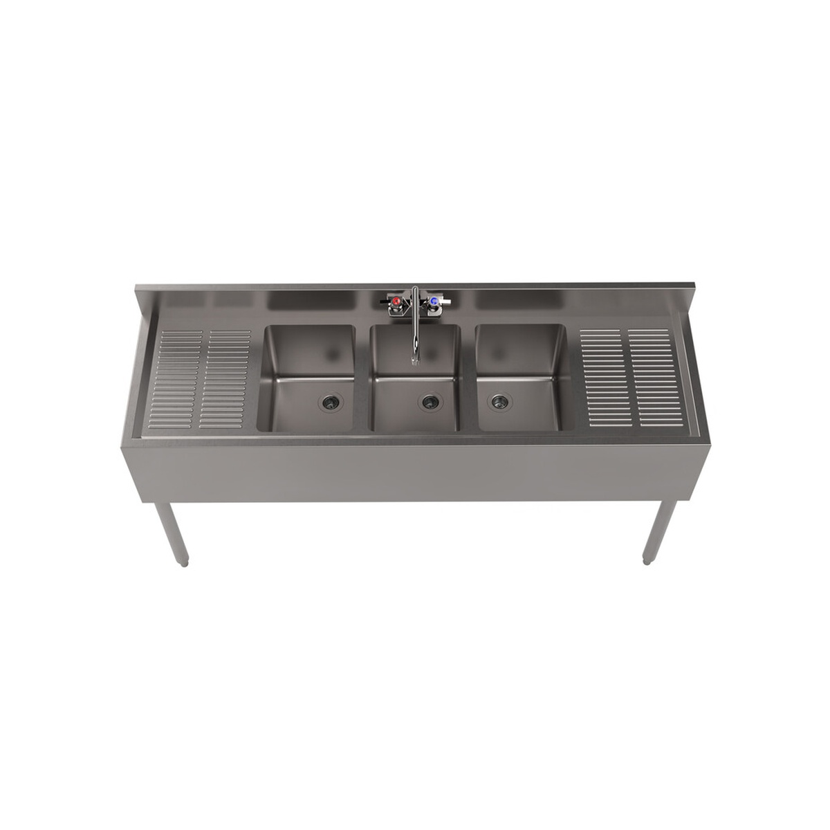 BK Resources UB4-18-360TS underbar sink top-down view showing three compartments, two stamped drainboards, and center-mounted faucet