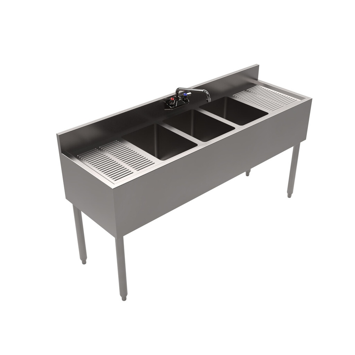 BK Resources UB4-18-360TS three-compartment underbar sink with two drainboards and swing faucet, angled front view