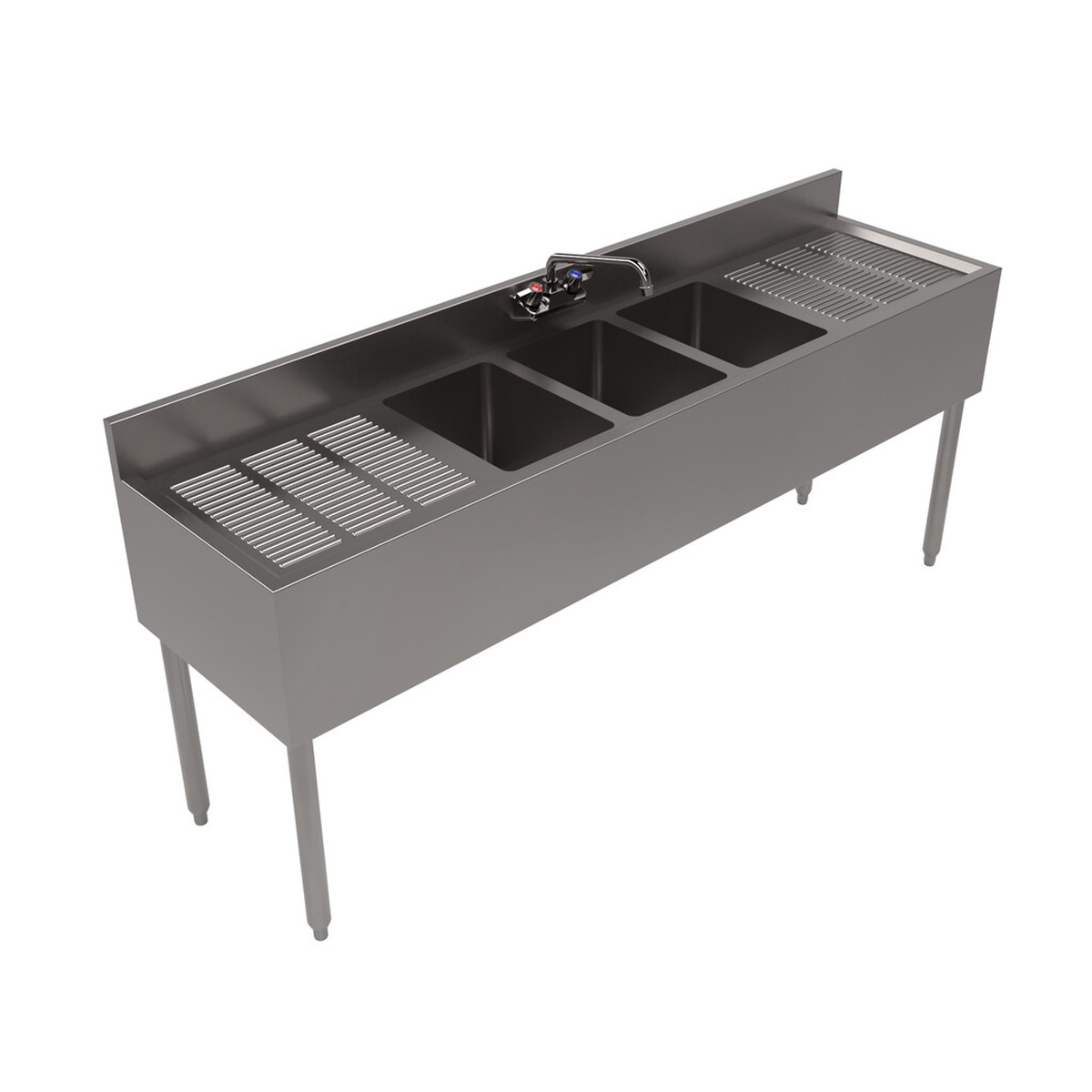 BK Resources UB4-18-372TS three-compartment underbar sink with two drainboards and swing faucet, angled front view