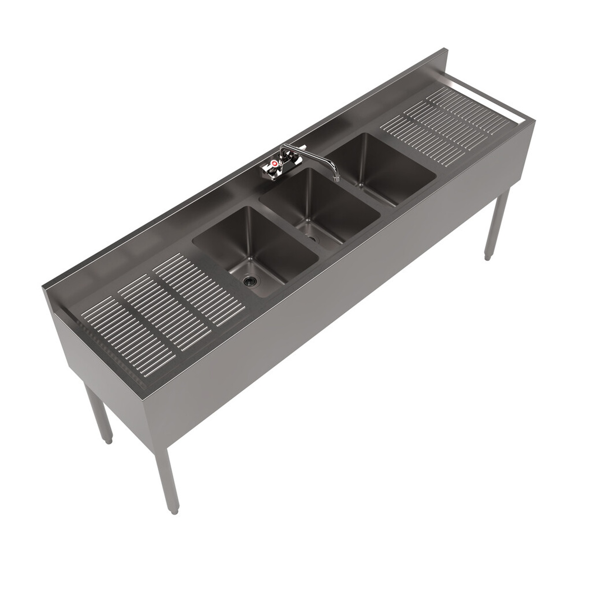Angled overhead view of BK Resources UB4-18-372TS underbar sink highlighting drainboard grating and three-compartment layout
