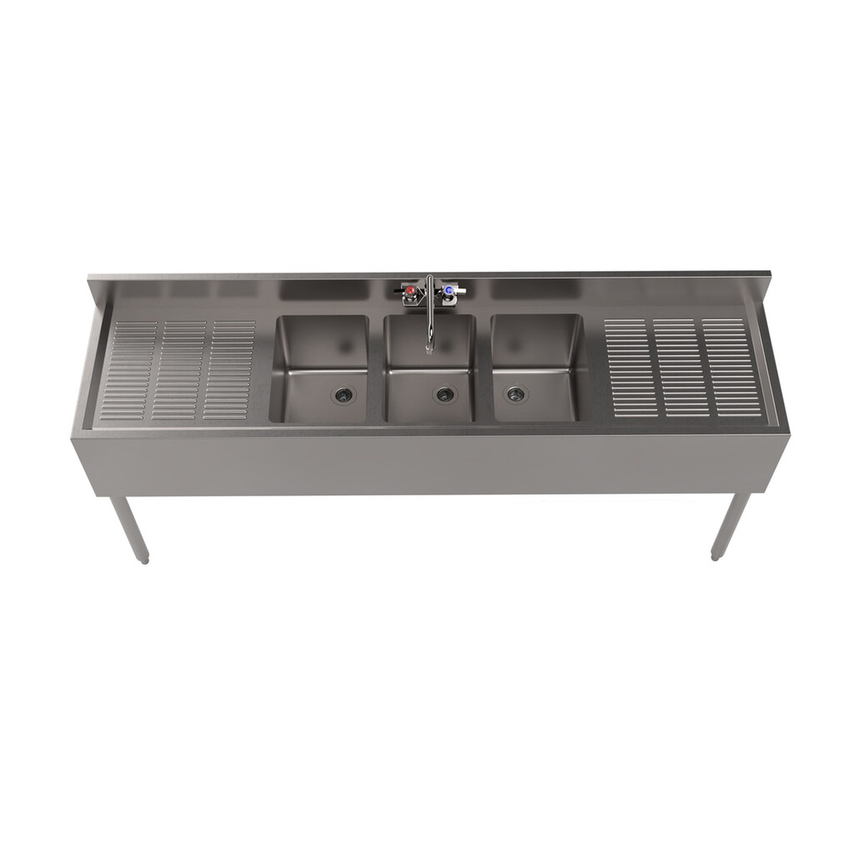 Top-down view of BK Resources UB4-18-372TS underbar sink showing three compartments, two drainboards, and faucet placement